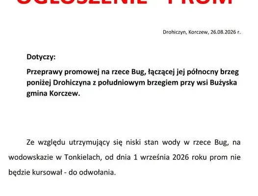 Przeprawa promowa na Bugu zawieszona od września z powodu niskiego stanu wody
