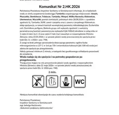 Woda z SUW Tymianka tylko po przegotowaniu – ważny komunikat sanepidu