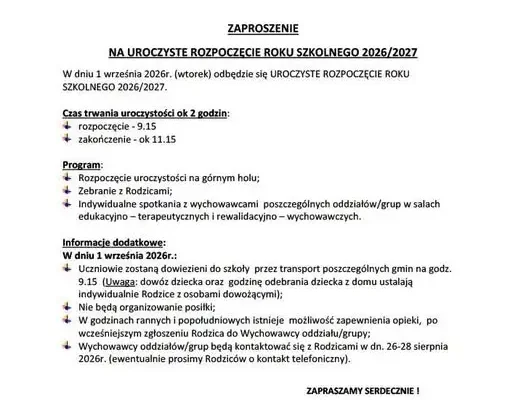 Uroczyste rozpoczęcie roku szkolnego 2026/2027 – zaproszenie dla uczniów i rodziców