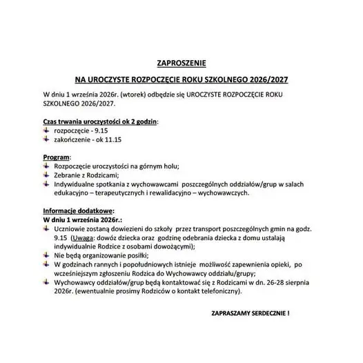 Uroczyste rozpoczęcie roku szkolnego 2026/2027 – zaproszenie dla uczniów i rodziców