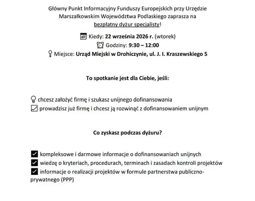 Bezpłatne konsultacje o funduszach europejskich w Drohiczynie