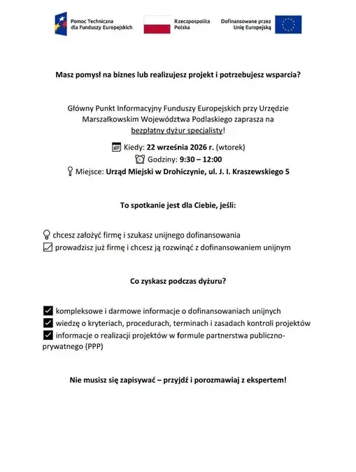 Bezpłatne konsultacje o funduszach europejskich w Drohiczynie