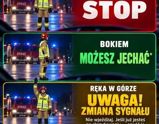 Strażak kieruje ruchem na miejscu zdarzenia – czy znasz jego sygnały?