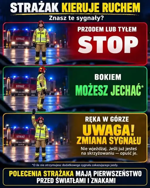 Strażak kieruje ruchem na miejscu zdarzenia – czy znasz jego sygnały?