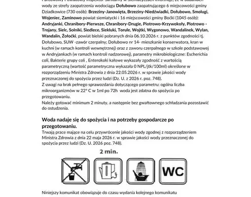 Woda z wodociągu w Dołubowie znów zdatna do picia – po przegotowaniu